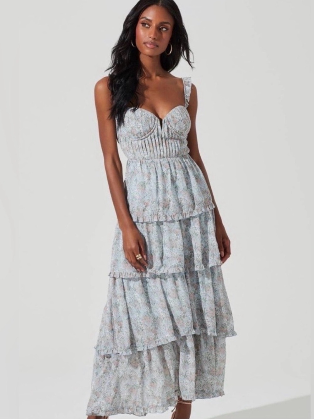ASTR The Label Blue Floral Tiered Midi Dress
